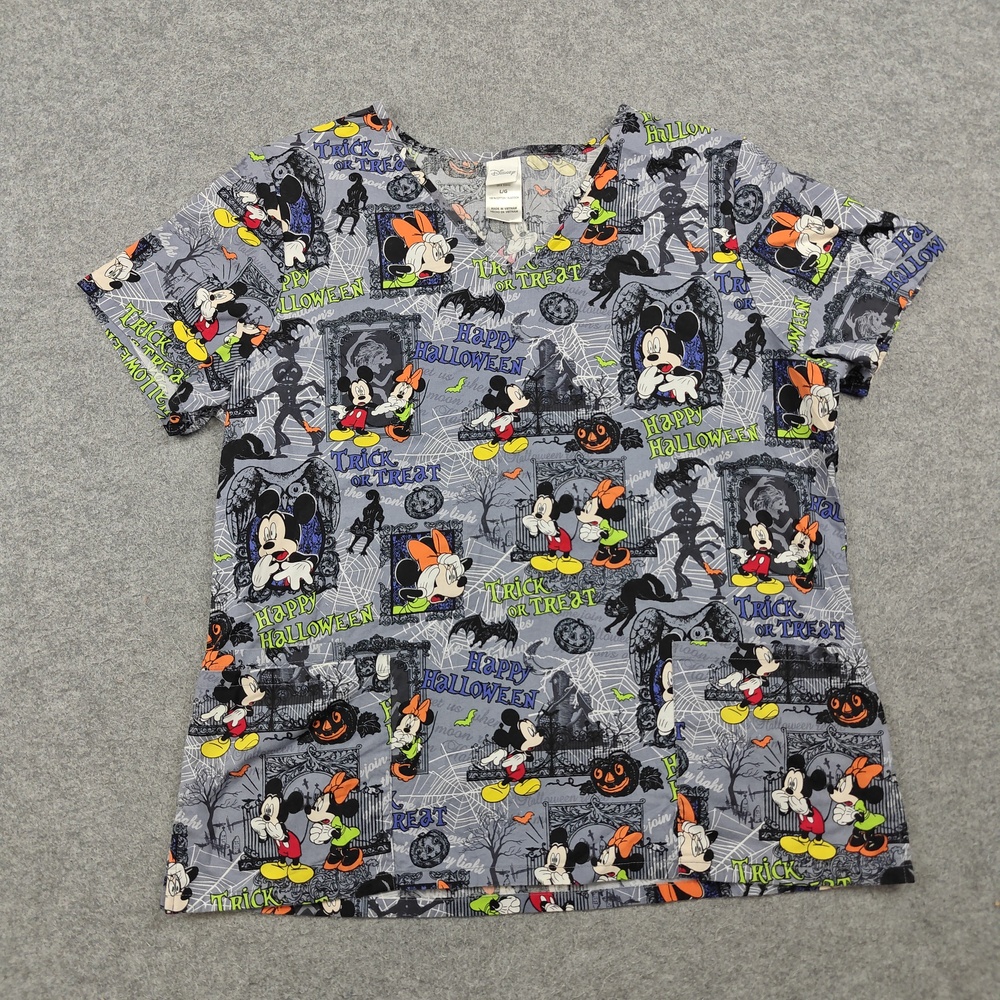 Disney Scrub Top Womens Large Gray Mickey Minnie Halloween Cotton Pockets